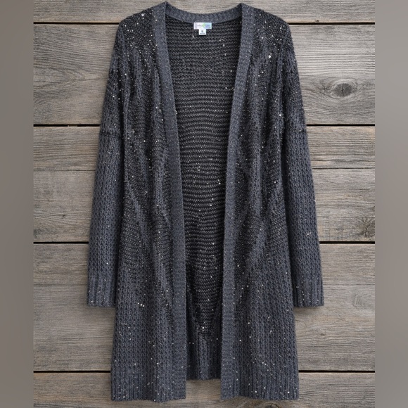 Indigo Rose Charcoal Gray Blue Sequin Knit Open Front Cardigan Size M - Picture 5 of 5